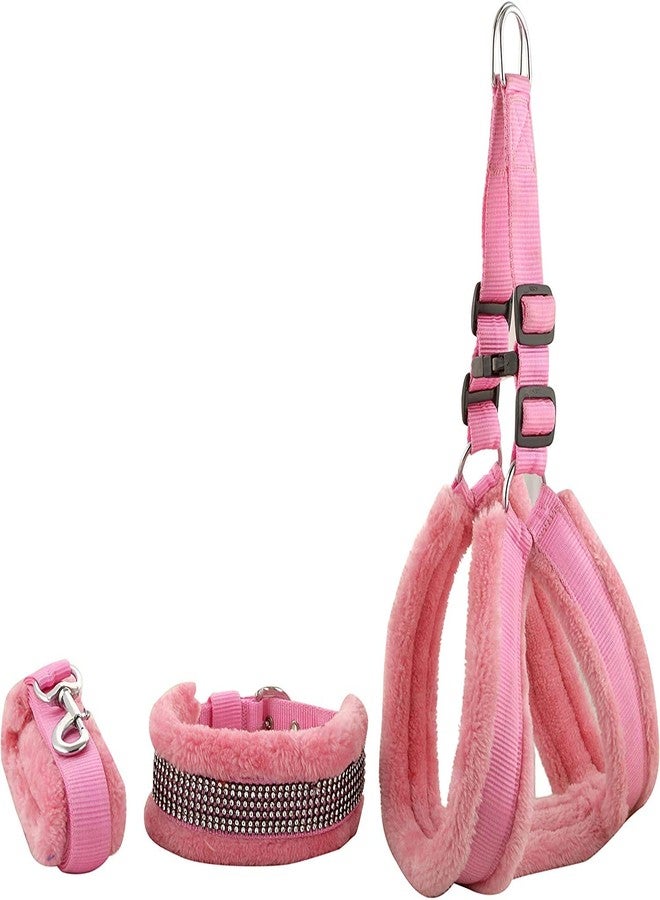 CAVALRY Nylon Fur Dog Harness,Dog Collar&Leash Adjustable Pink - Image 1